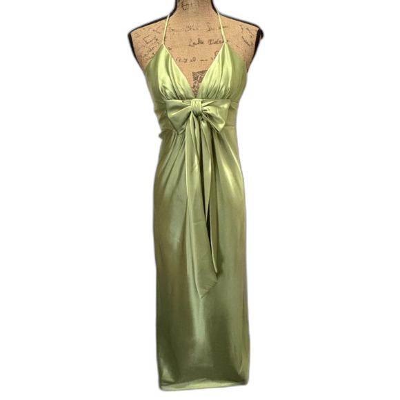 Vintage Jessica McClintock‎ Halter Maxi Gown Green Satin Bow Semiformal Size 4 - Picture 1 of 7